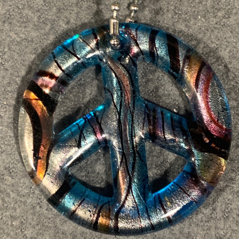 Long Necklace With Pendant Hippie Dichroic Glass Peace Sign Retro Festival Y2K